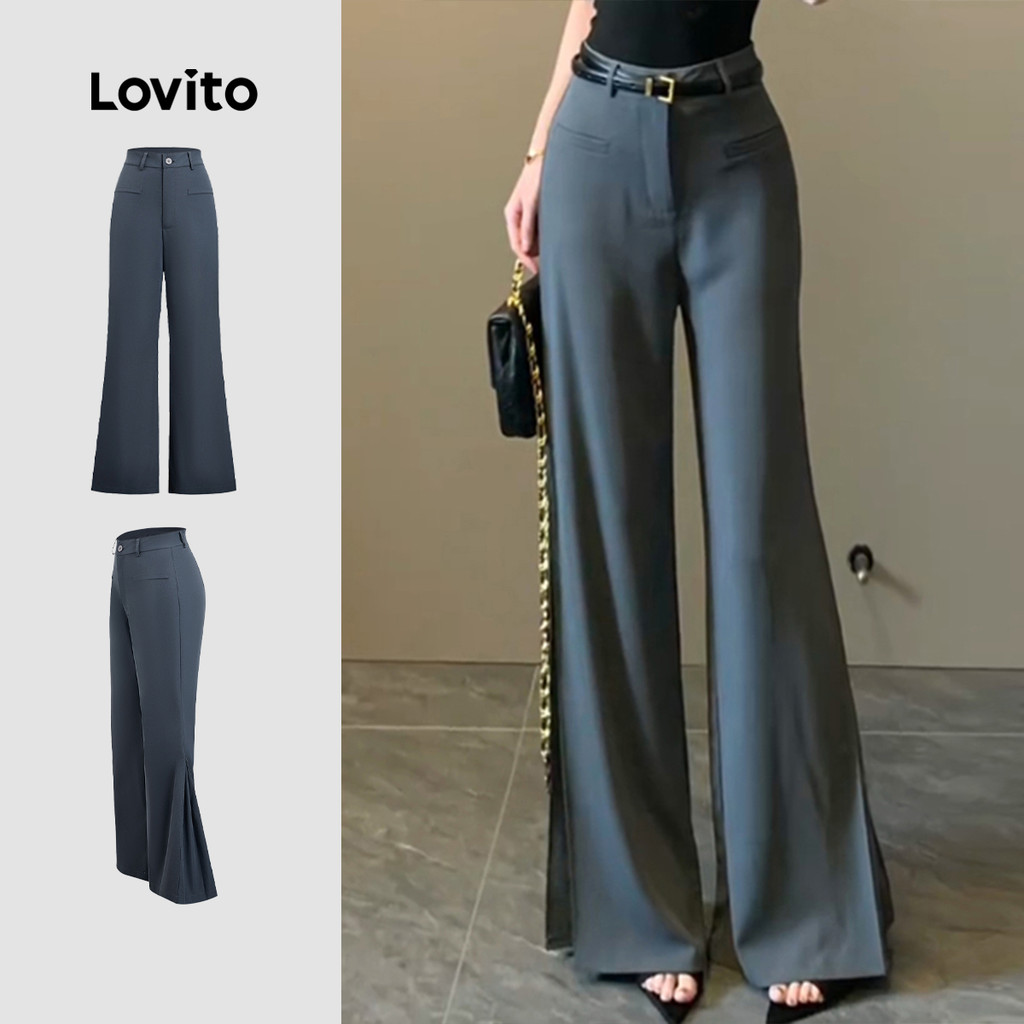Lovito Calças Elegantes Simples Versáteis Estilo Primavera/verão Calças Cinza Escuro para Mulheres L158ED1534