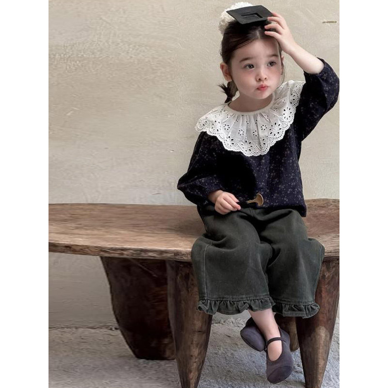 Meninas camisa do bebê primavera terno 2026 novo estilo moda crianças gola de renda Floral topo bebê terno de duas peças