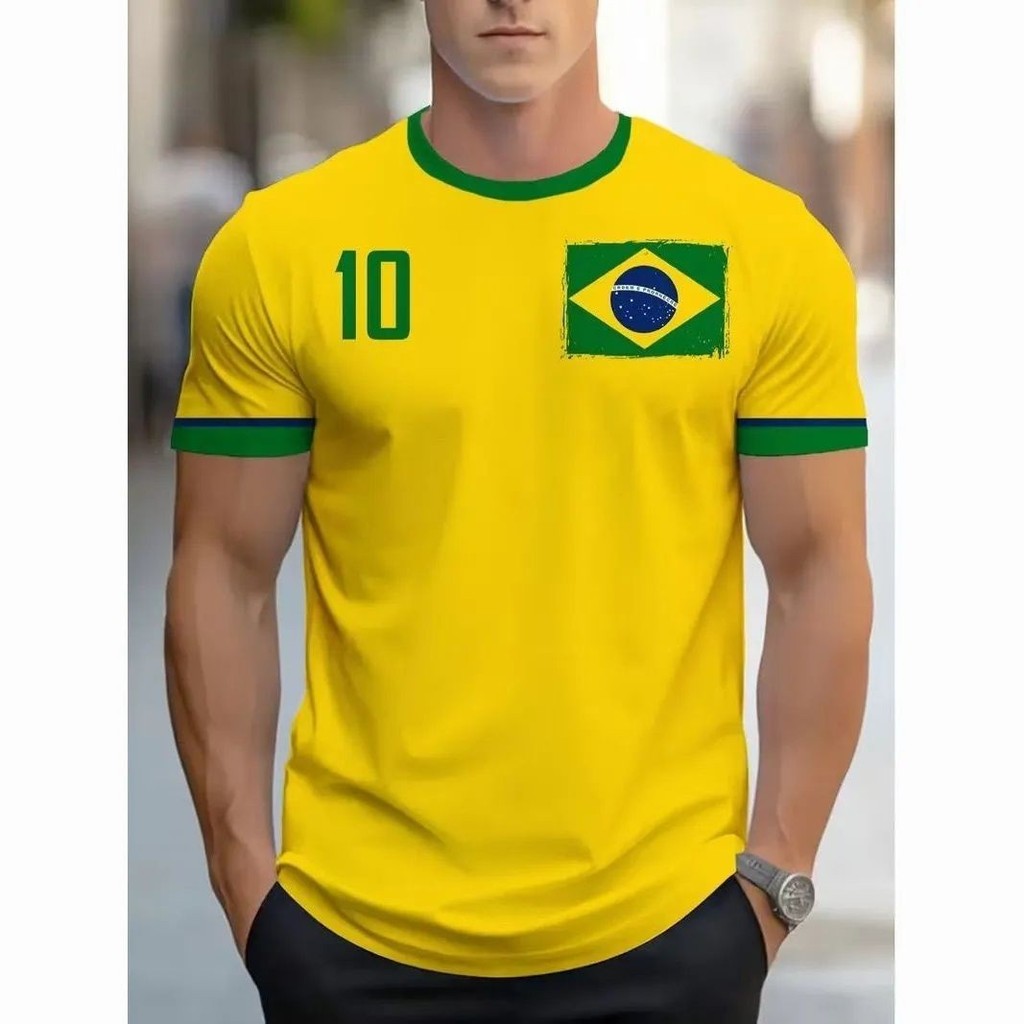 Camisa da Copa do Mundo da Seleção Brasileira Camiseta de Futebol Brasil 103D Impressa Seleção de Futebol Manga Curta Ma