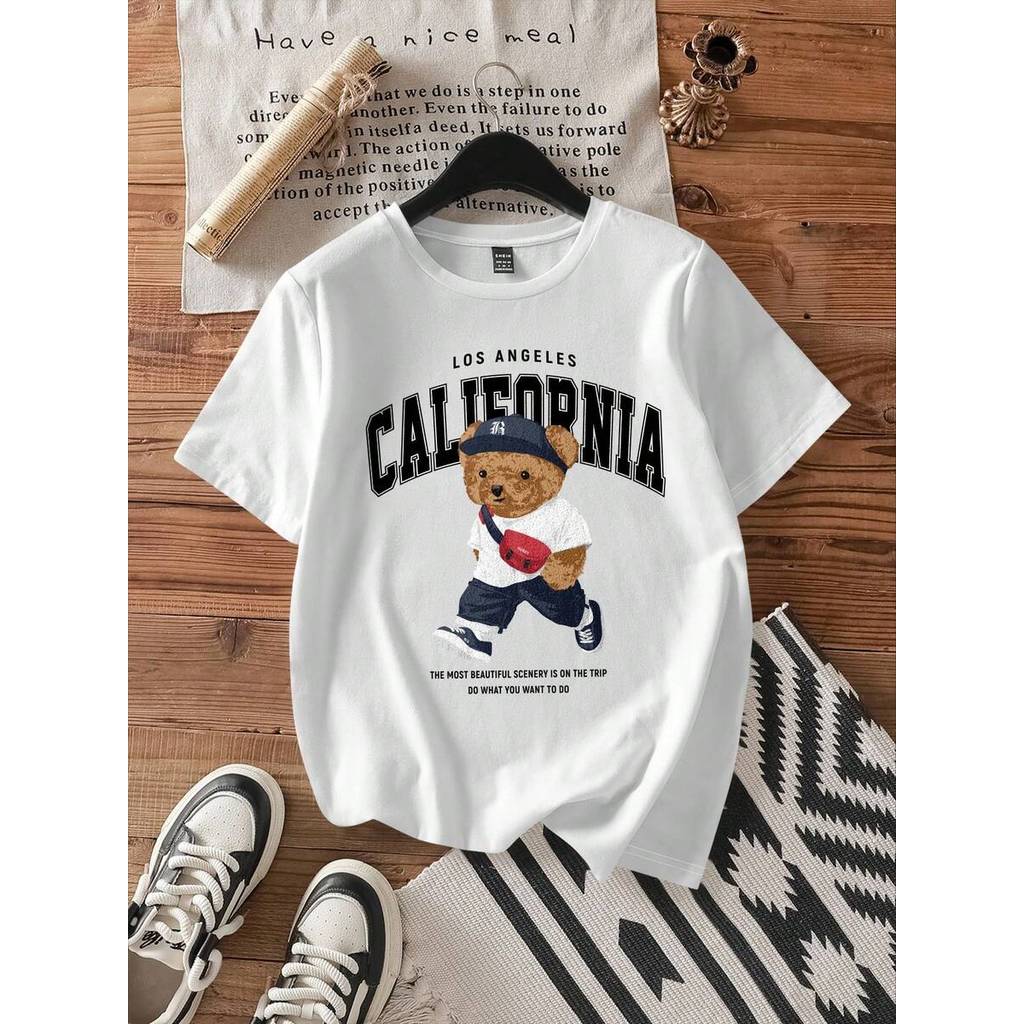 Camiseta Feminina de Manga Curta, Gola Careca, Estampa de Urso Estilo Casual da Califórnia,de Algodão,para o Verão