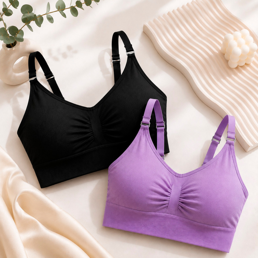 Kit com 2 Tops Sutiã Feminino Sem Costura Alça Fina Canelado com Bojo Removível