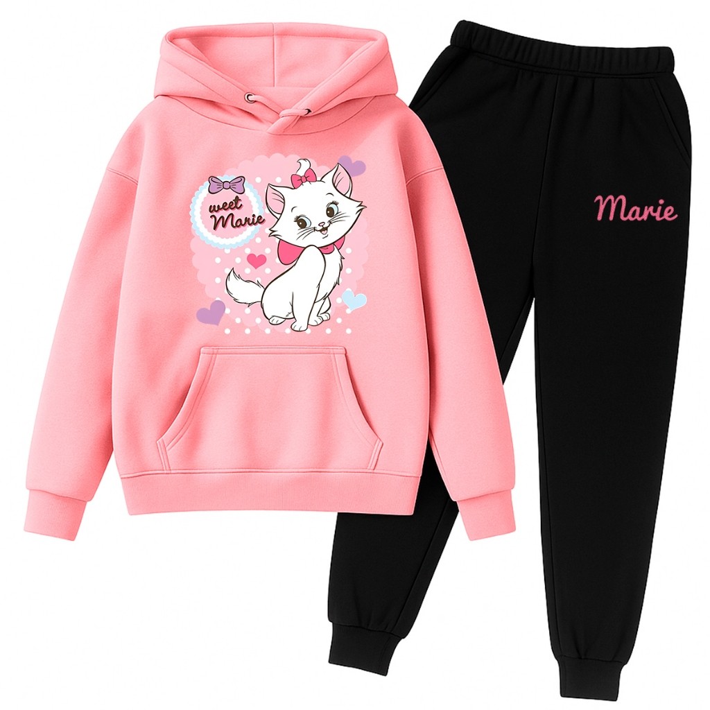 Conjunto Moletom Infantil Gatinha Fofa Rosa Kawaii Canguru Inverno Agasalho
