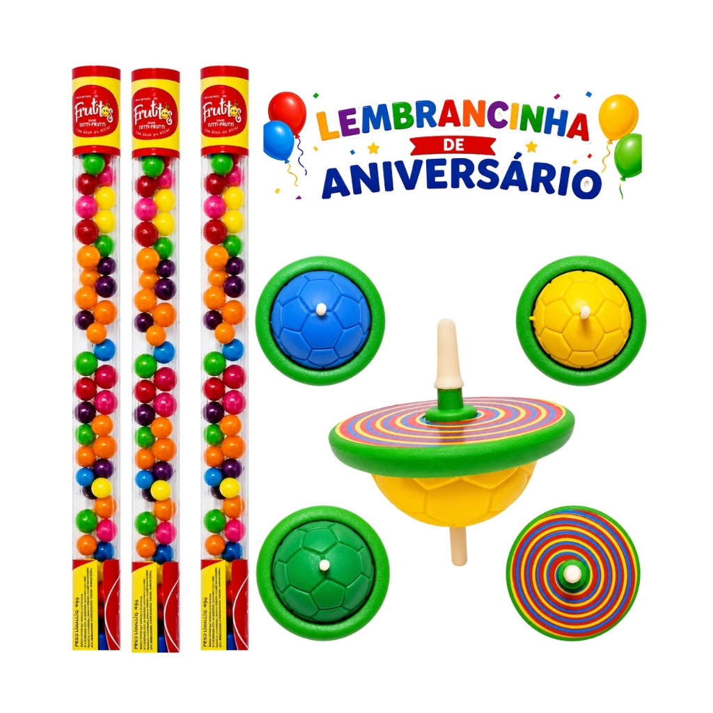 Kit 16 Itens (Tubinhos Balinhas Doce + Pião Maluco) Lembrancinha aniversário Festa Infantil