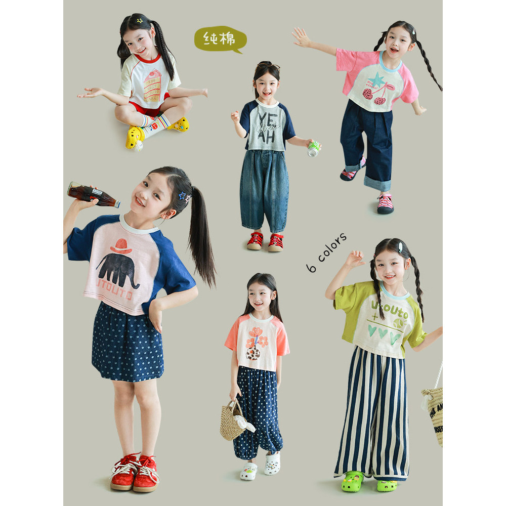 Grande orelha elefante meninas cor-bloqueando impresso camiseta verão novo estilo crianças puro algodão Casual topo de m