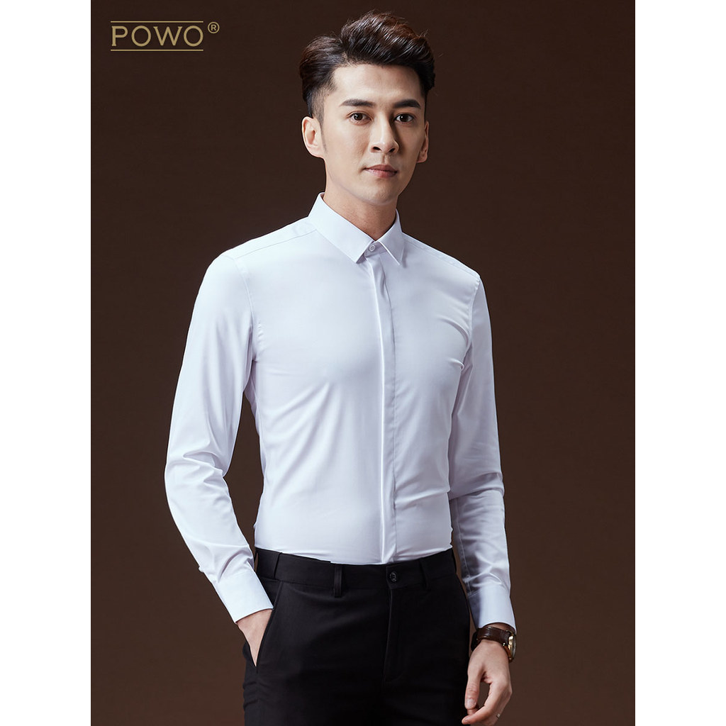 POWO camisa de manga comprida masculina negócios Casual elástico roupas masculinas branco polegada camisa versão coreana