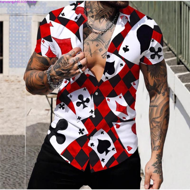 Csa Masculina de Manga Curta com Estampa de Poker 3D, Tendência de Moda Casual