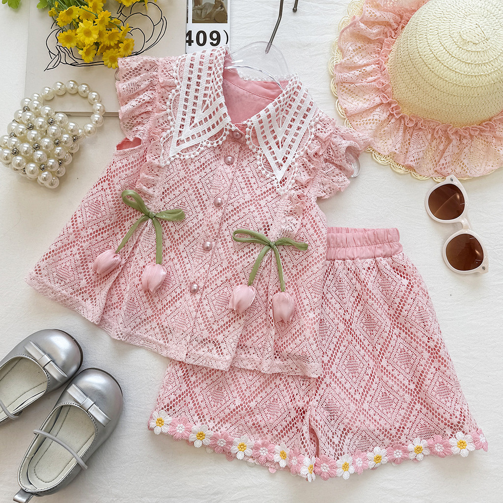 Doce estilo meninas verão terno de renda 2026 moda novo estilo bebê menina flor decoração moda terno de duas peças na mo