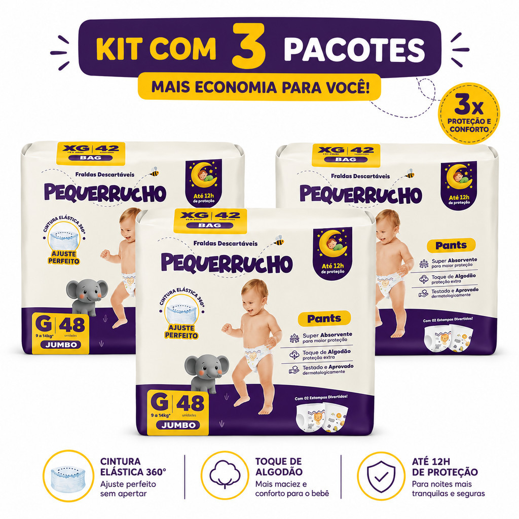 3 Pacotes de Fralda Pequerrucho Pants Tamanho M G XG XXG
