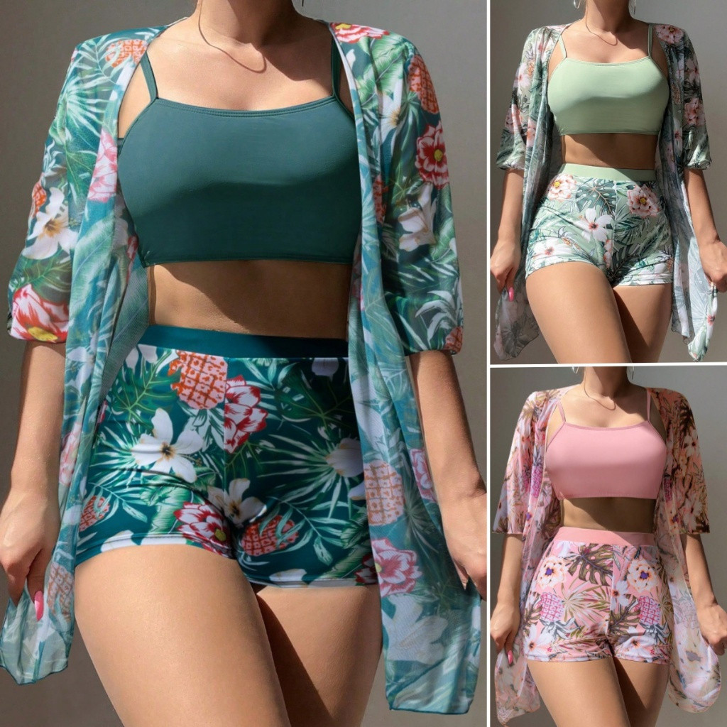 Conjunto de Biquíni Feminino com Estampa e Cordão Ajustável, Inclui Kimono de Praia, Conjunto de Biquíni de Três Peças K
