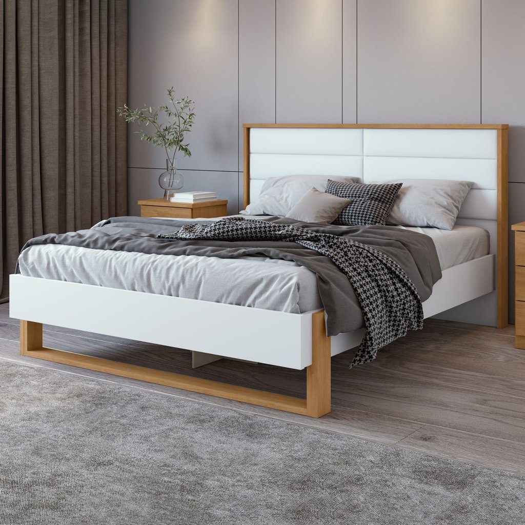 Cama Queen com LED e Pés Flutuantes Freetown Madeira Marrom Amêndoa Clean/Branco