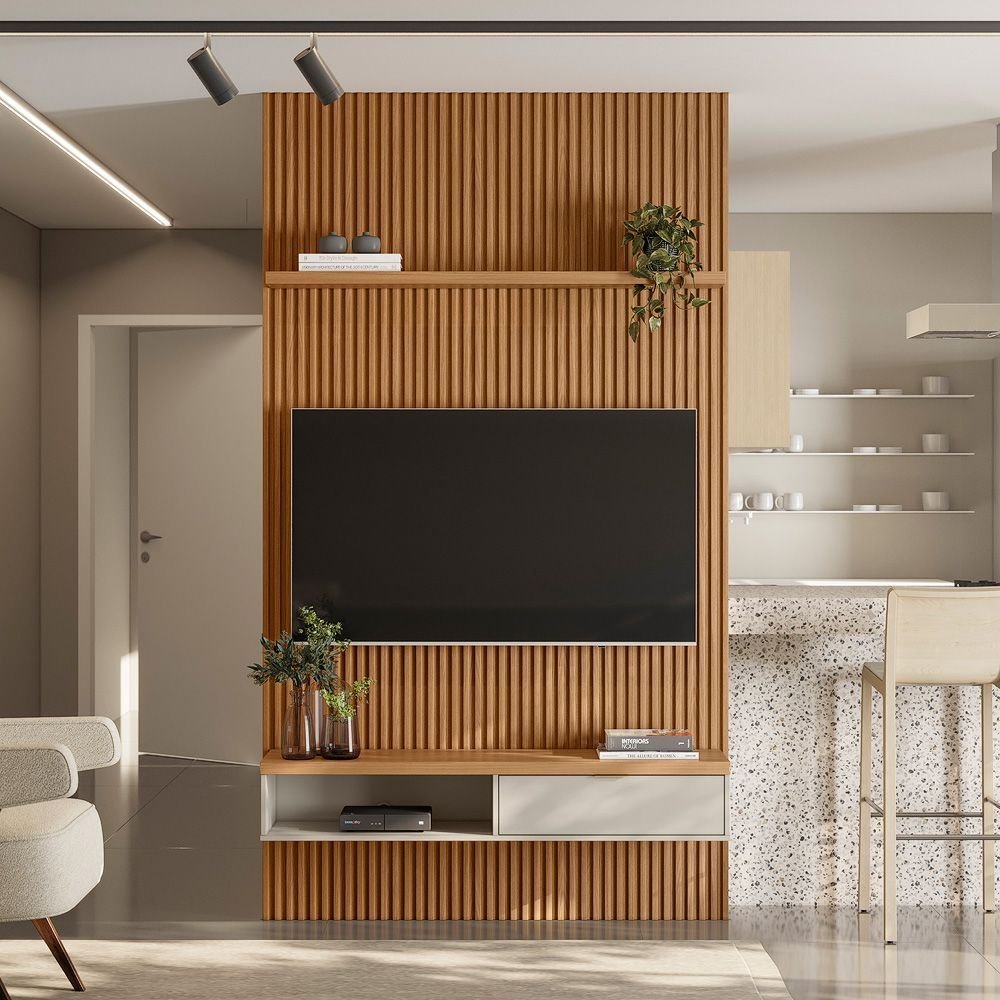 Painel Ripado para TV até 75 Polegadas MDF 140CMX250CM Modular 1 Nicho 1 Prateleira Linea Marrom Nature/Off White