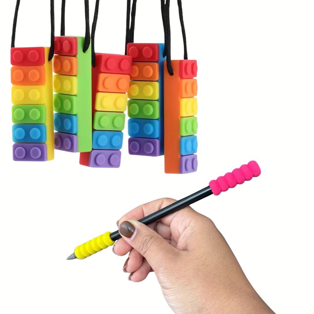 Kit Colar Mordedor Silicone Bloco + Ponteira Lápis Autismo Tea Sensorial Anti Estresse Alívio Ansiedade Tdah Infantil