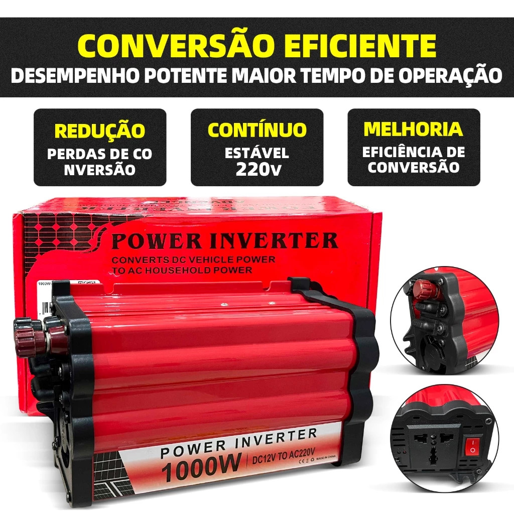 Inversor De Potência De 1000W/2000W DC 12V Para AC 220V Compatível Com Eletrodomésticos E Veículos.