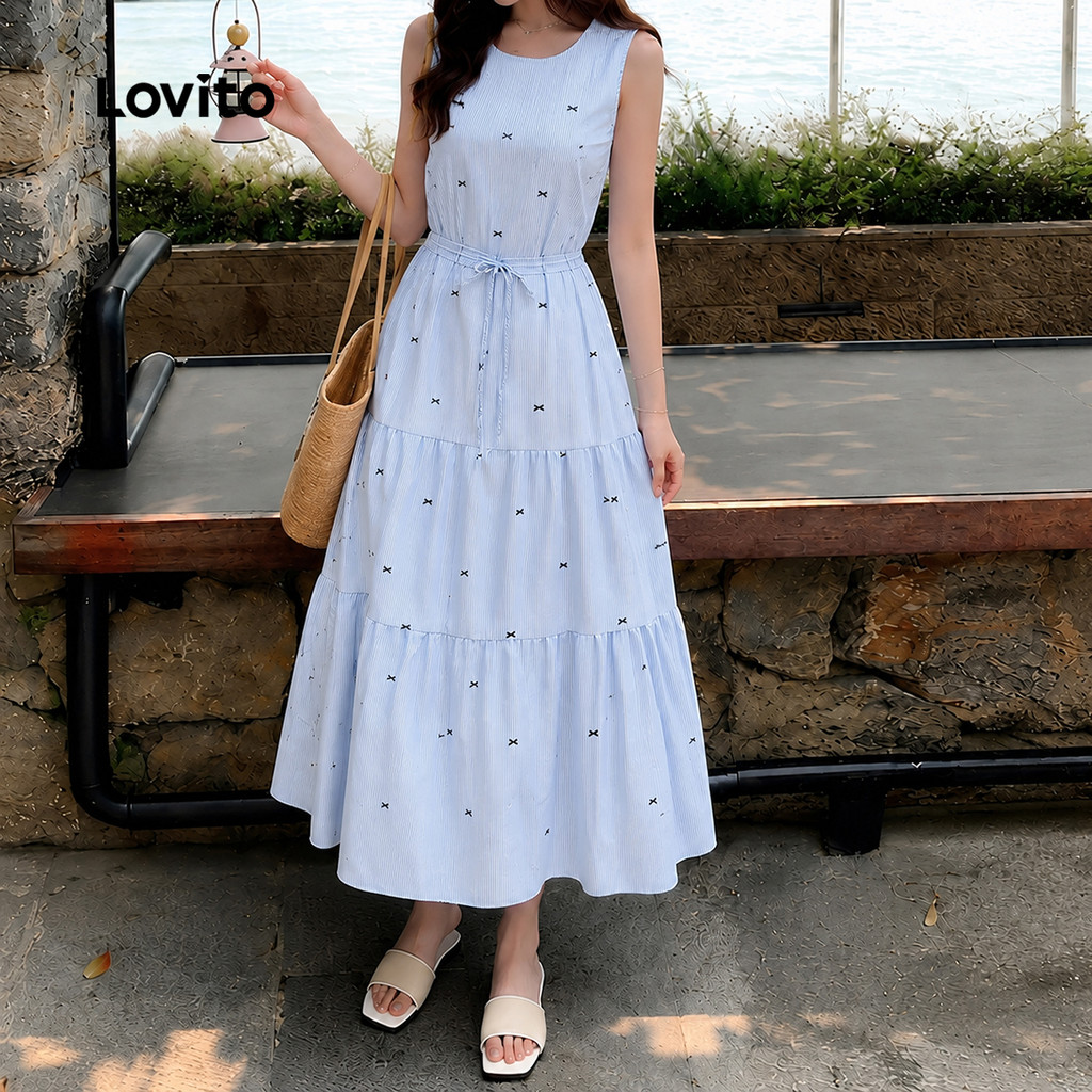 Lovito Vestido Casual Azul de Renda em Camadas Primavera/verão para mulheres Bordado DRBR37BR079 · foto 2