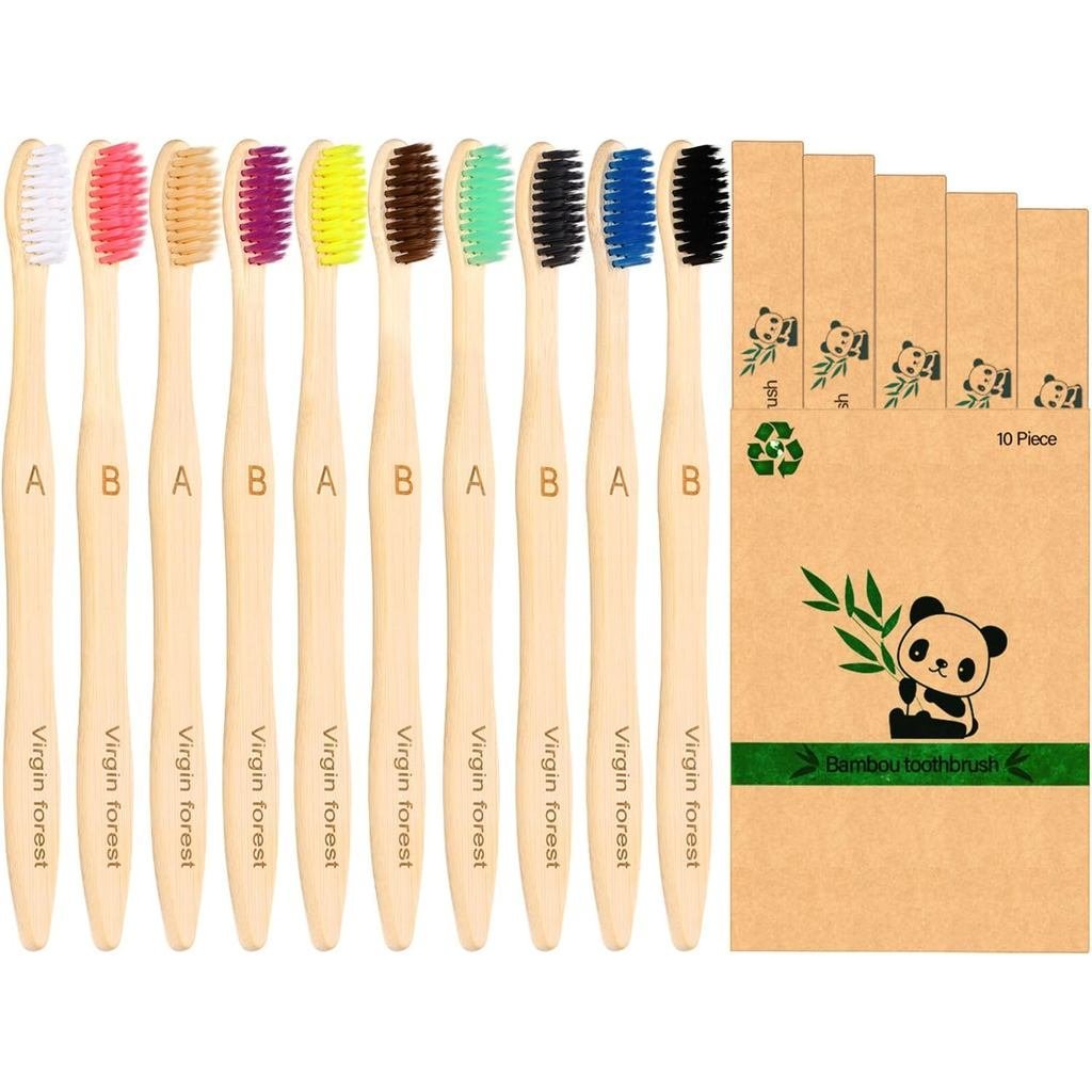 Escovas de Dente de Bambu Virgin Forest, Pacote com 10, Escova de Dente Macia Biodegradável e Compostável, Escova de Den