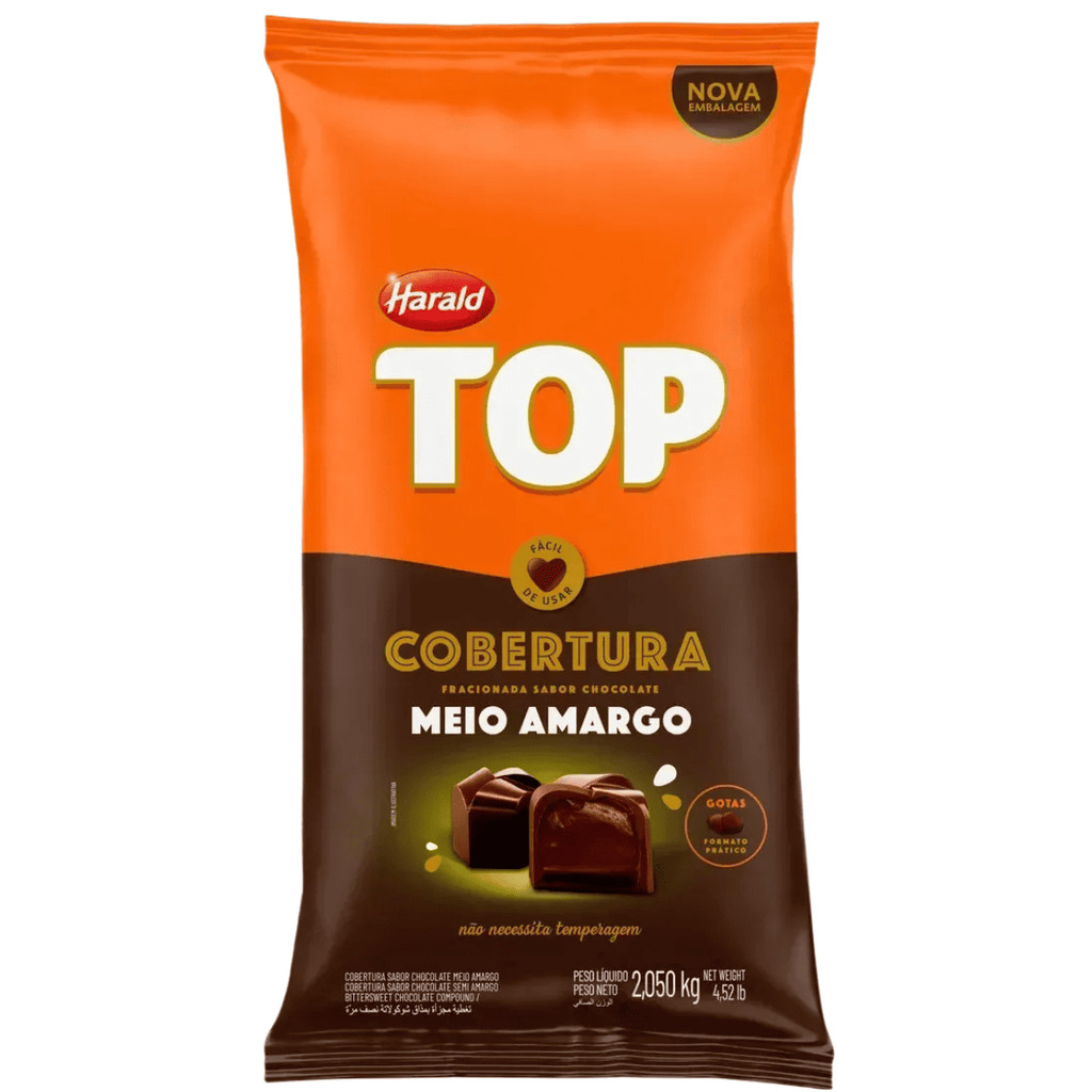 Cobertura TOP Sabor Chocolate Meio Amargo Em Gotas Harald 2,05kg Praticidade E Alto Rendimento