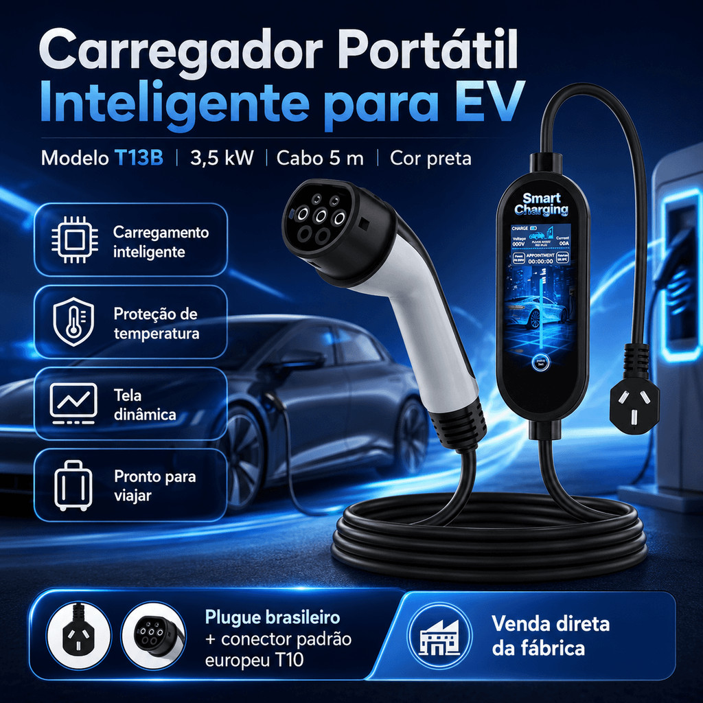 Tipo 2 EV Cabo De Carregamento 16A 3.5KW Carregador Portátil Para Veículo Elétrico Plugue Brasileiro