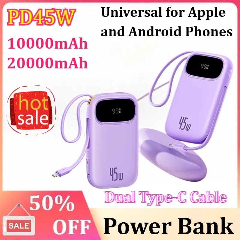 45W 20000mAh Power Bank 10000mAh USB-C Retrátil Embutido E Cabo Lightning Para i