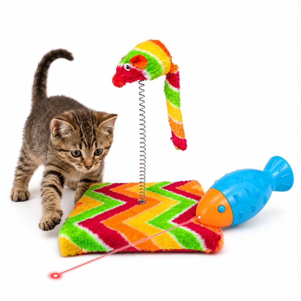 Kit Brinquedos para Gatos Rato de Pelúcia com Mola e Peixe Interativo com Laser Pet Prime