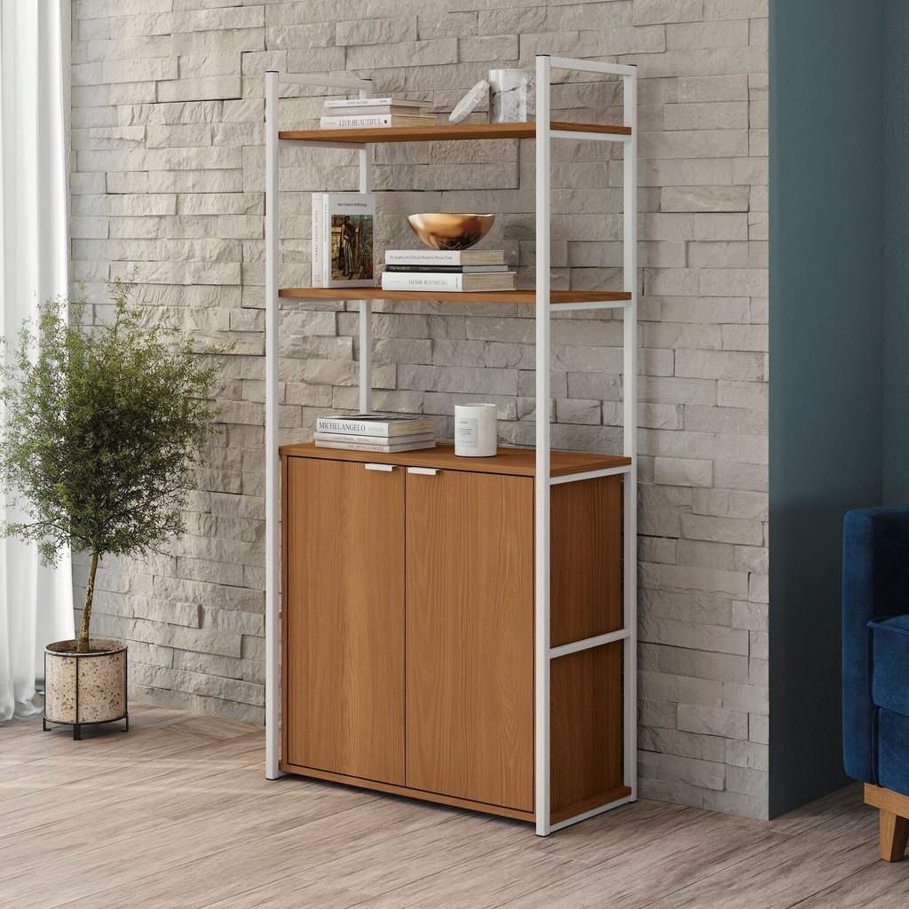 Estante de Livros Industrial Aço 72CMX151CM Alta com 2 Portas Marrom/Canela/Branco Brilho Canela/Branco