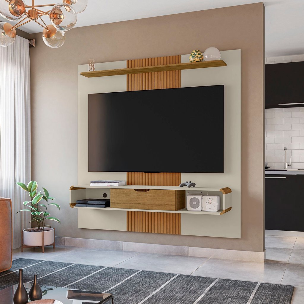 Painel para TV até 65 Polegadas 158,4CMX160,5cm Lisboa Branco Off White/Cinamomo/Ripado