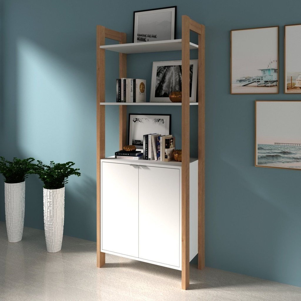 Estante de Livros 65CMX165,5cm 2 Portas Az Branco/Amêndoa Amêndoa/Branco
