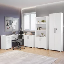 Conjunto 3 Peças com Mesa para Escritório em L, Armário Multiuso Alto Aberto e Fechado Branco Branco