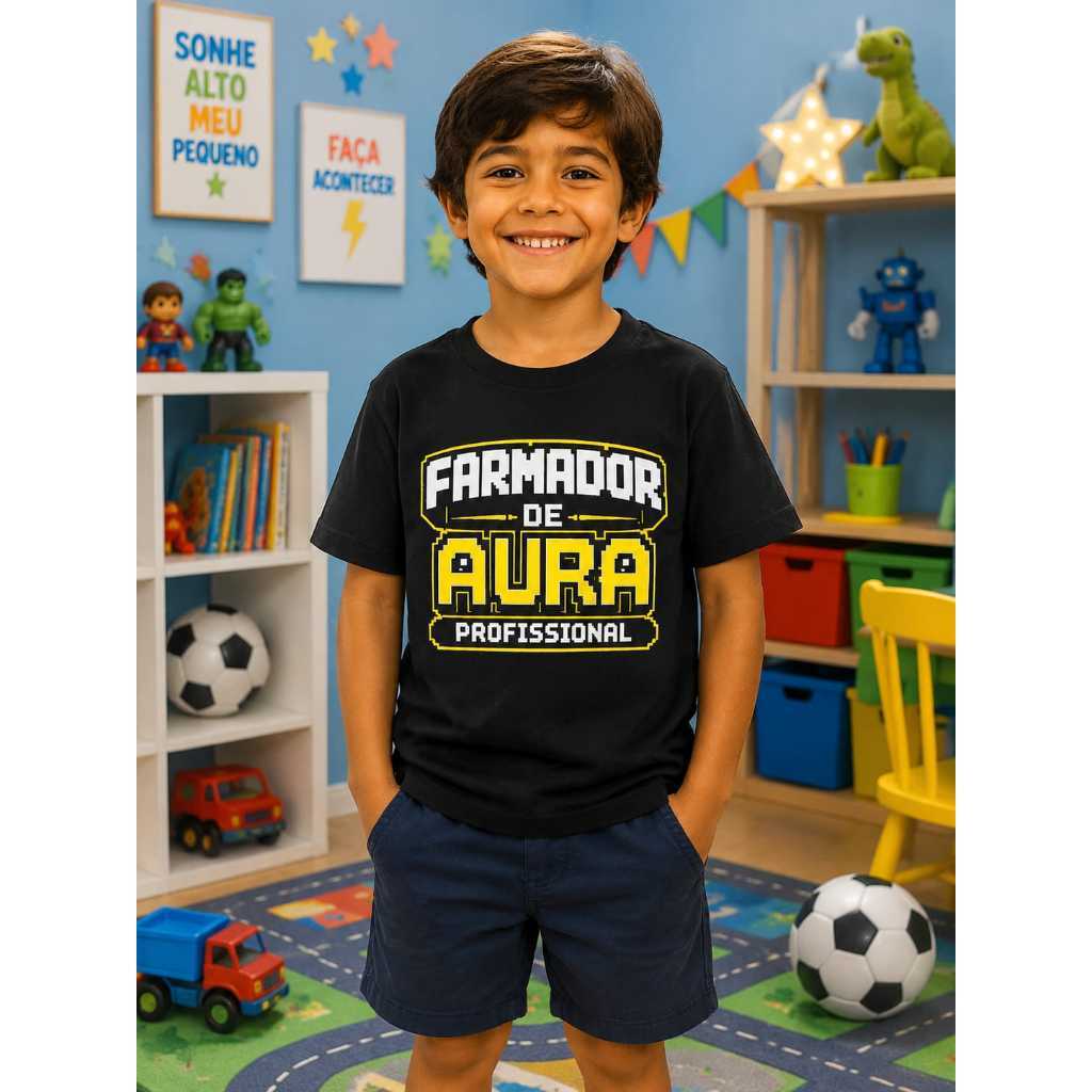 Camiseta Infantil Estampada Farmador de Aura Profissional Menino 100% Algodão/Meme Viral/Trend/Tendencia/unissex