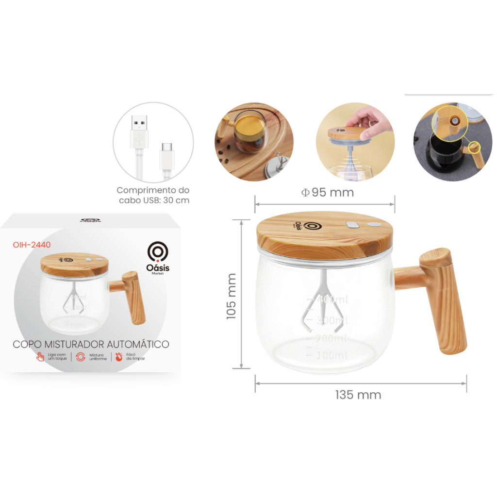 Caneca Automática Mistura Shake Com Cabo De Plástico 400ml Elétrica Recarregável 7000rpm Alta Velocidade Vidro
