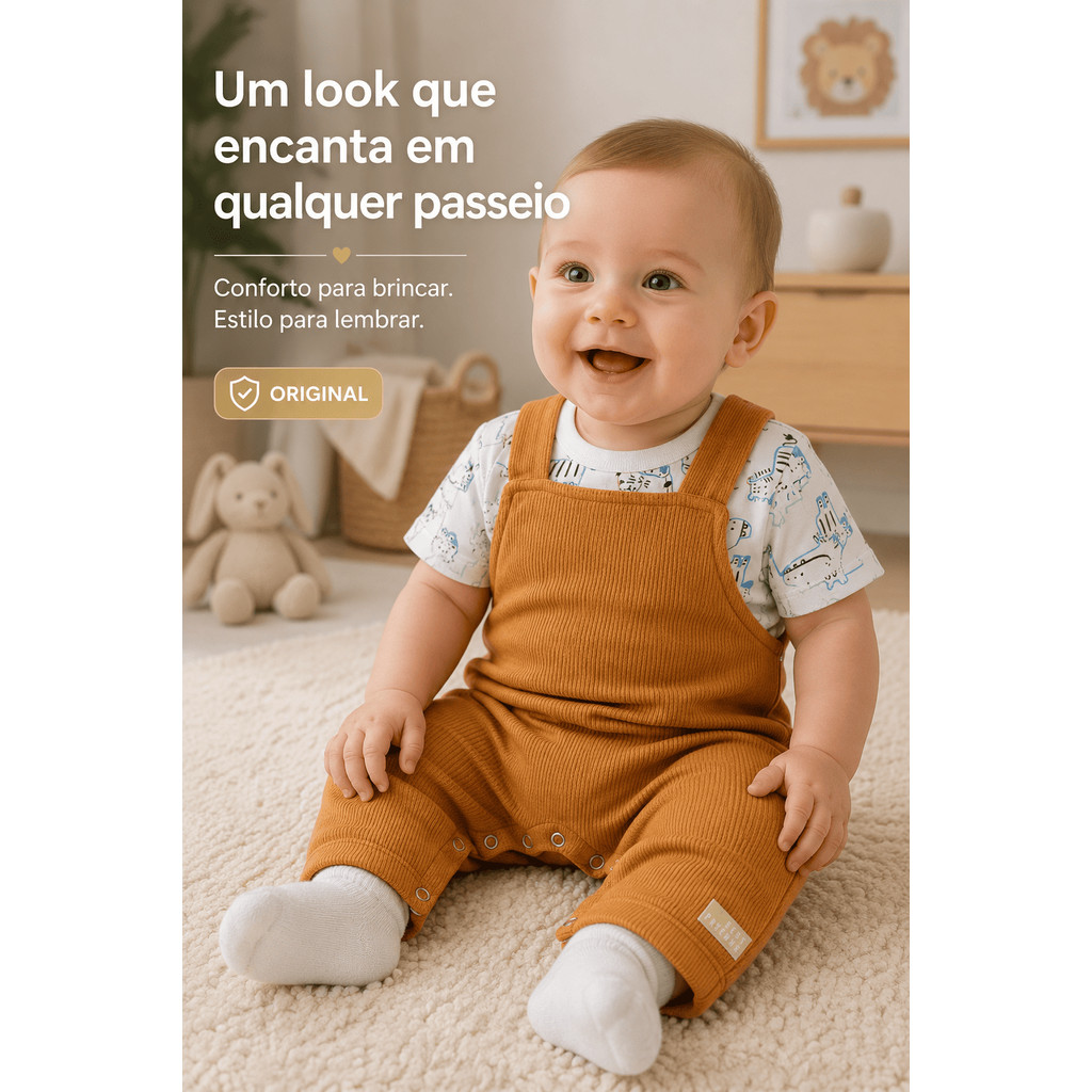 Conjunto Jardineira Bebê Moletinho Favo e Camiseta Estampa Animais