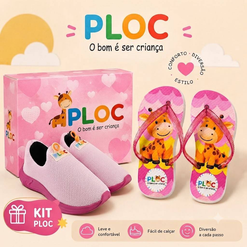 Kit 2 Pares: Tênis Calce Fácil P26 + Chinelo Infantil Ploc Menina Estampado