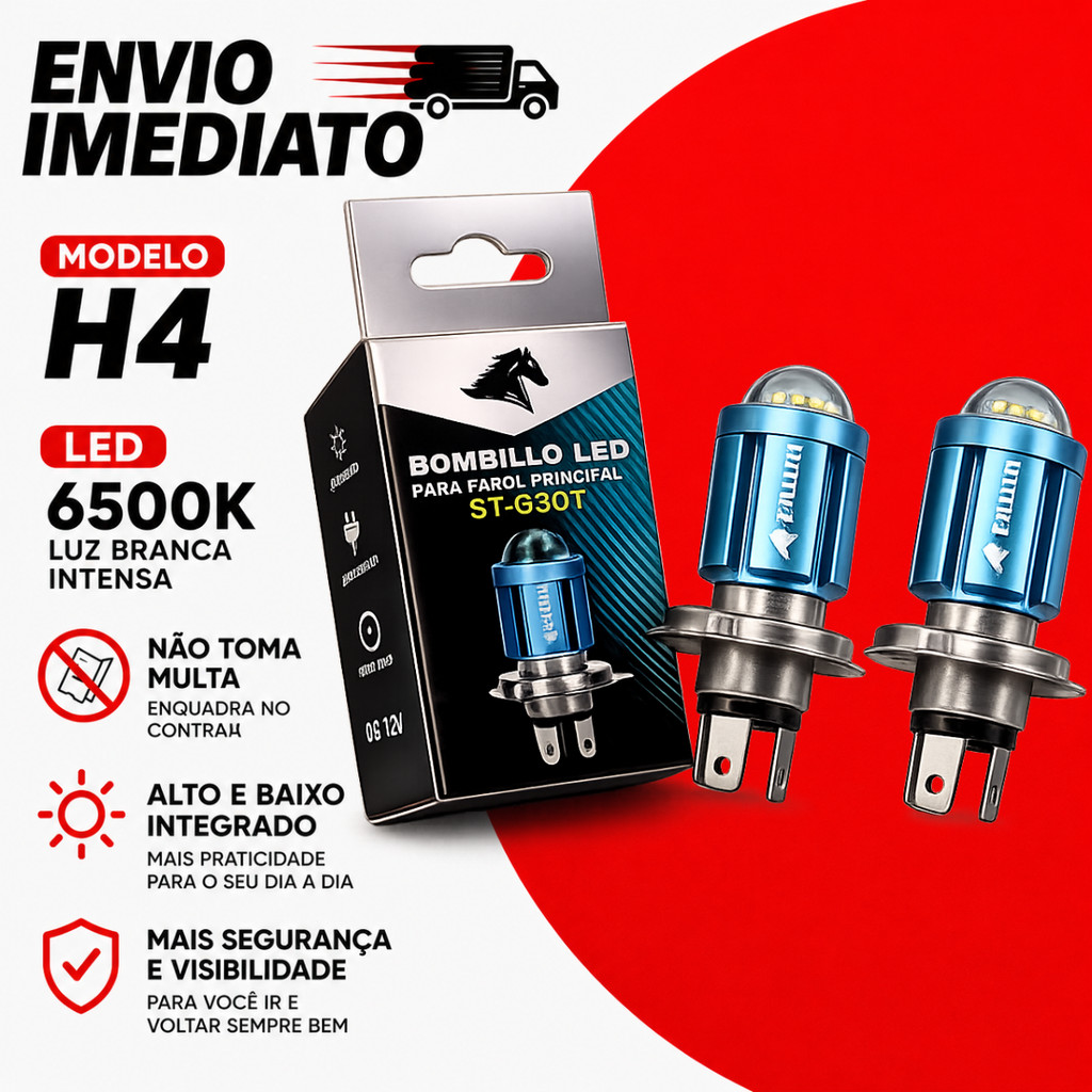 Par 2 Lâmpadas Farol Xenon Projetor Led H4 Super Branca 6500k Chip Moto Carro Plug And Play