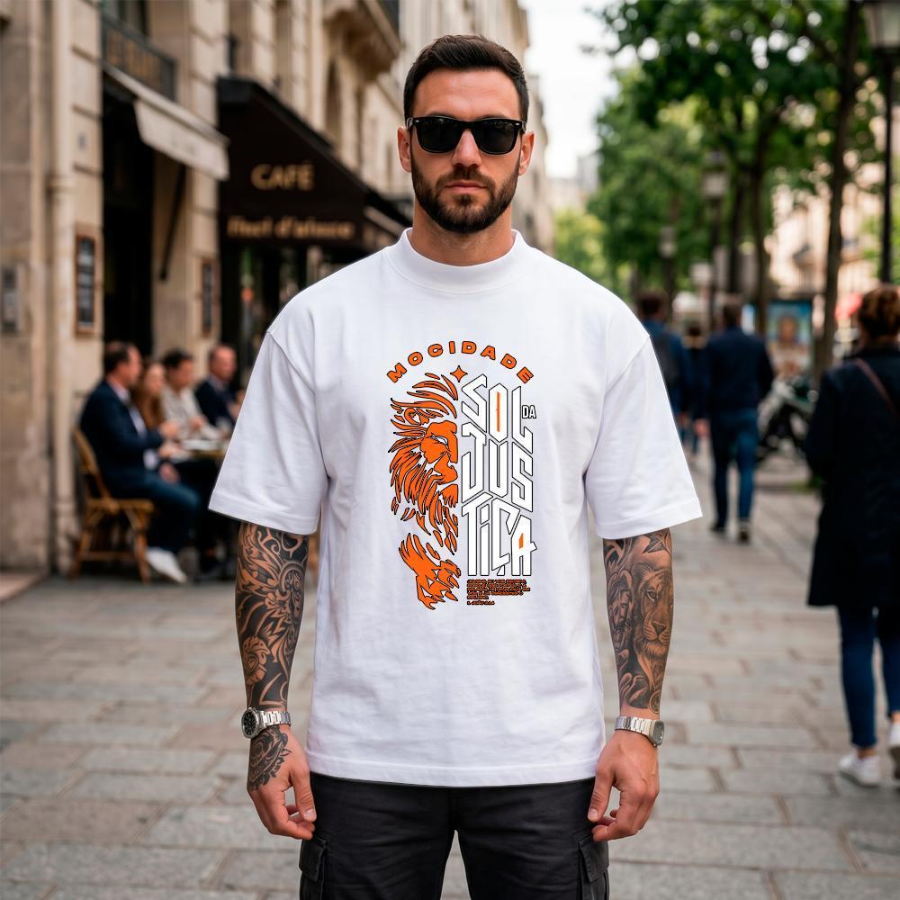 Camiseta Oversized Suedine Masculina Estampada Mocidade Sol da Justiça Streetwear