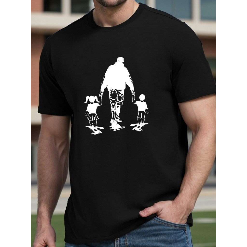 Camiseta Gola Redonda masculina 100% algodão, confortável, estilo esportivo, Estampa Dia dos Pais Pai com os Filhos