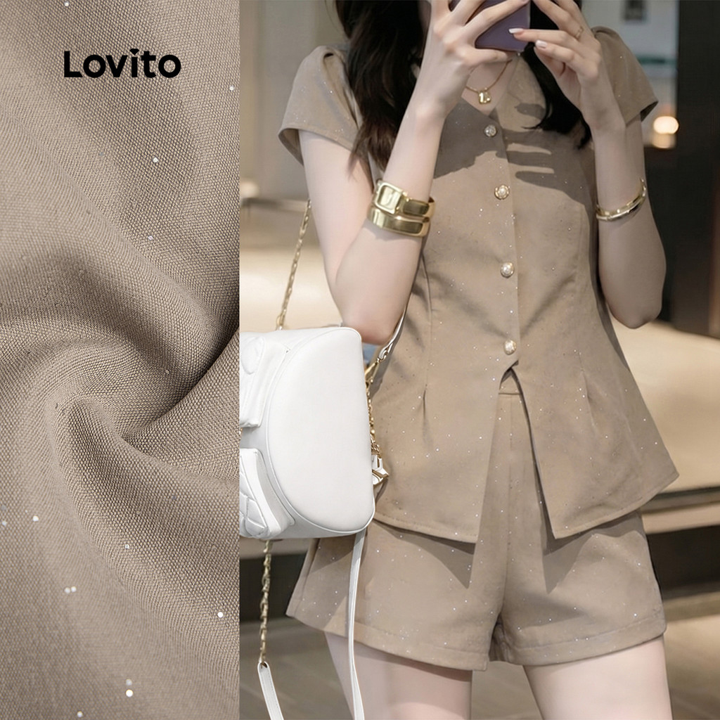 Lovito Casual Tops ou Bottoms com Botão de Lantejoula Top Caqui de Primavera/verão para mulheres L196ED666