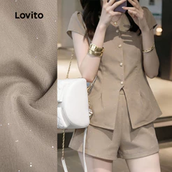 Lovito Casual Tops ou Bottoms com Botão de Lantejoula Top Caqui de Primavera/verão para mulheres L196ED666