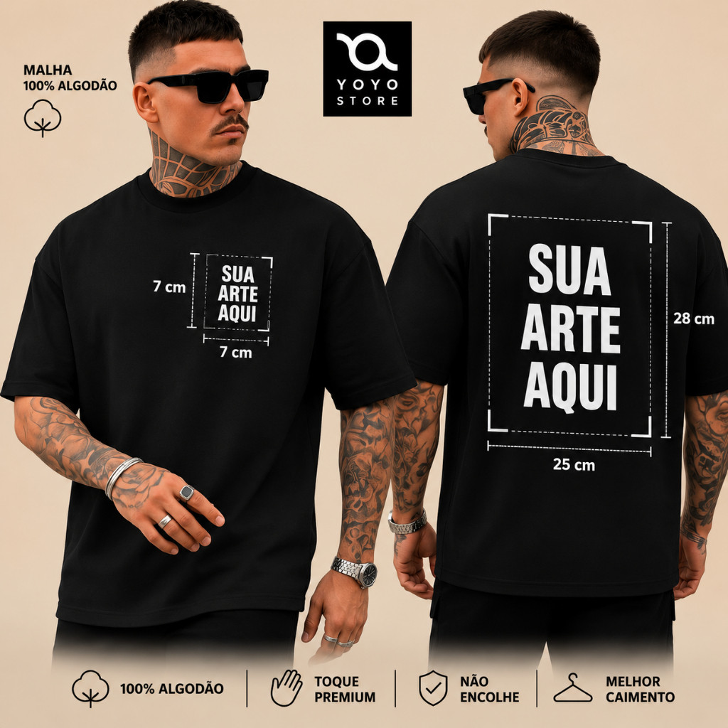 Camiseta Oversized Personalizada com Sua Estampa 30.1 ou Malhão 240g Sua Arte Exclusiva Streetwear