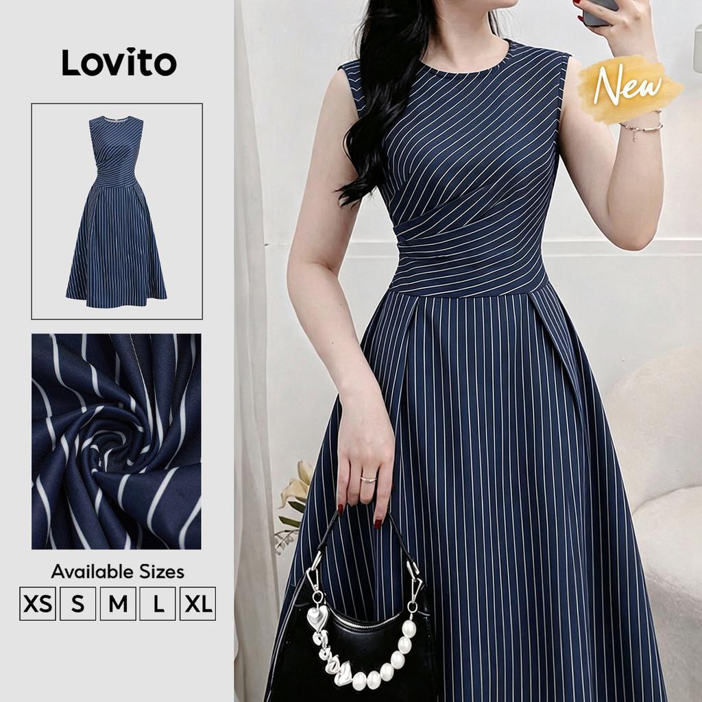 (New Arrival) Lovito Vestido Elegante Azulmarinho Assimétrico com Listra Lateral primavera/verão DRB202P2D416