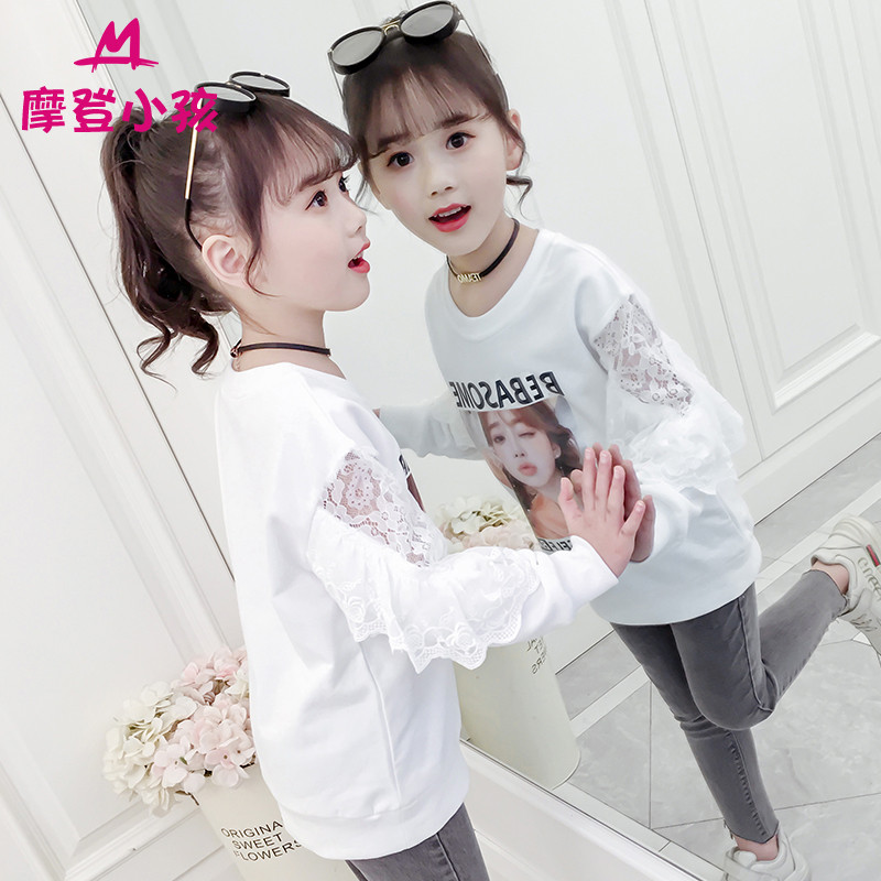 Meninas camisa de fundo 2026 outono estilo ocidental manga comprida camiseta médio grande crianças puro algodão renda ca