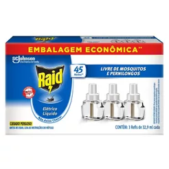 Repelente Elétrico Líquido Raid 45 Noites Refil 3 Unidades de 32,9ml Cada