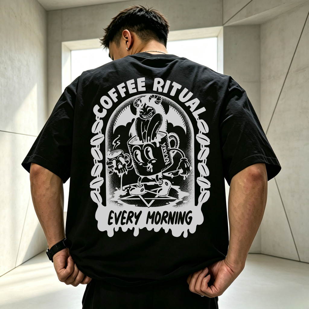 Camiseta Masculina Oversized Estampa Café Retrô, Algodão, Moda Streetwear Urbana, Camiseta Casual Jovem para Lazer