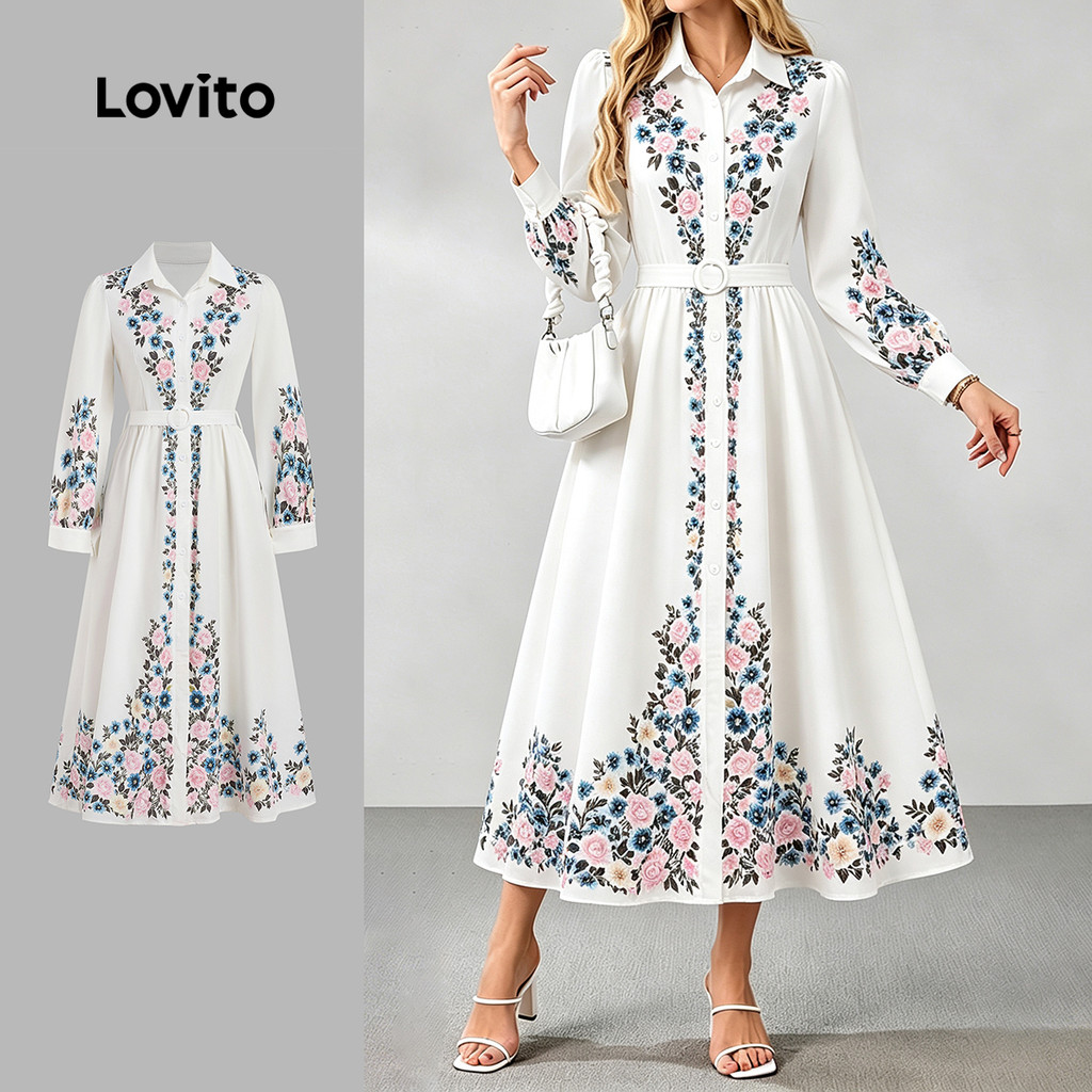 Lovito Vestido Boho com Botão e Cinto Vestido de Outono/inverno para Mulheres LK7LD060