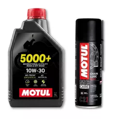 ÓLEO DE MOTOR PARA MOTO MOTOCICLETA MOTUL 5000+ 10W30 1L SEMI SINTÉTICO + LUBRIFICANTE DE CORRENTE MOTUL C2 200ML