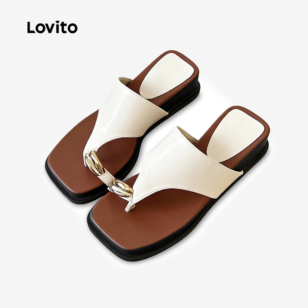 Lovito Sandálias Rasteiras Casuais Com Design Coreano Colorblock Brancas Para Mulheres LFA118025
