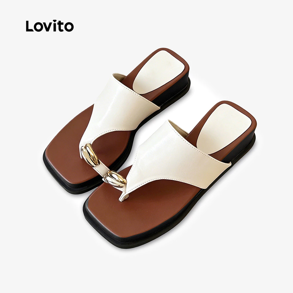 Lovito Sandálias Rasteiras Casuais Com Design Coreano Colorblock Brancas Para Mulheres LFA118025 — imagem 1