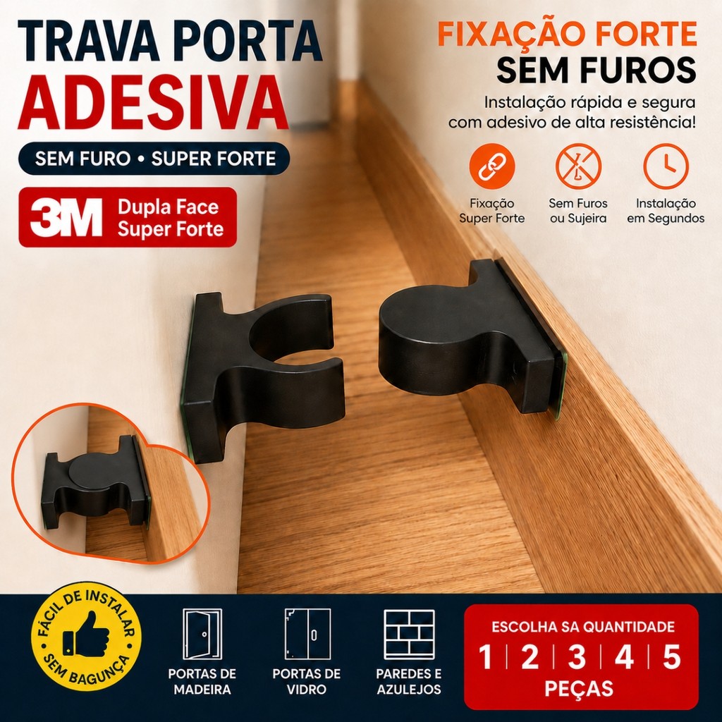 Trava Porta Adesiva 3M Fixador Batente Sem Furo Dupla Face Forte Segura Porta Anti Batida Resistente