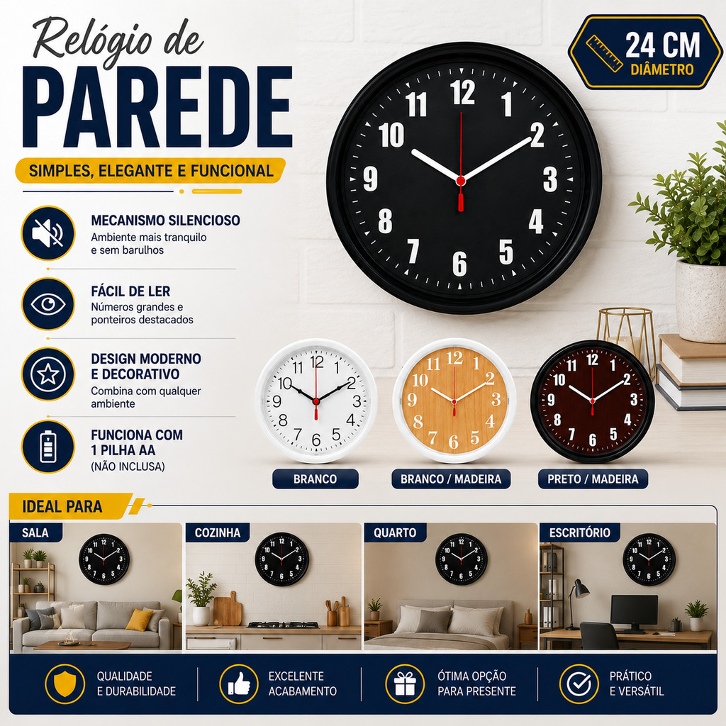 Relógio de Parede 24cm Clássico Analógico Números Grandes para Casa