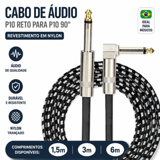 Cabo Para Guitarra Violão Cavaquinho 1,5M / 3M / 6M Blindado P10 P10 Revestimento Têxtil