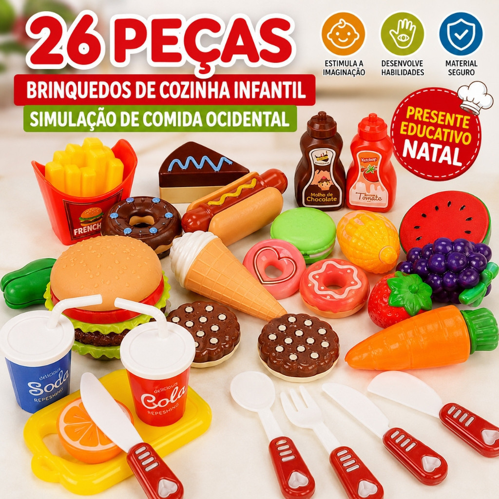 26 Peças Brinquedos de Cozinha Infantil Simulação Comida Ocidental Hambúrguer Batata Frita Educativo Presente de Natal