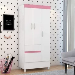 Guarda Roupa Solteiro 3 Portas 2 Gavetas 3 Prateleiras Branco/Rosa Branco/Rosa